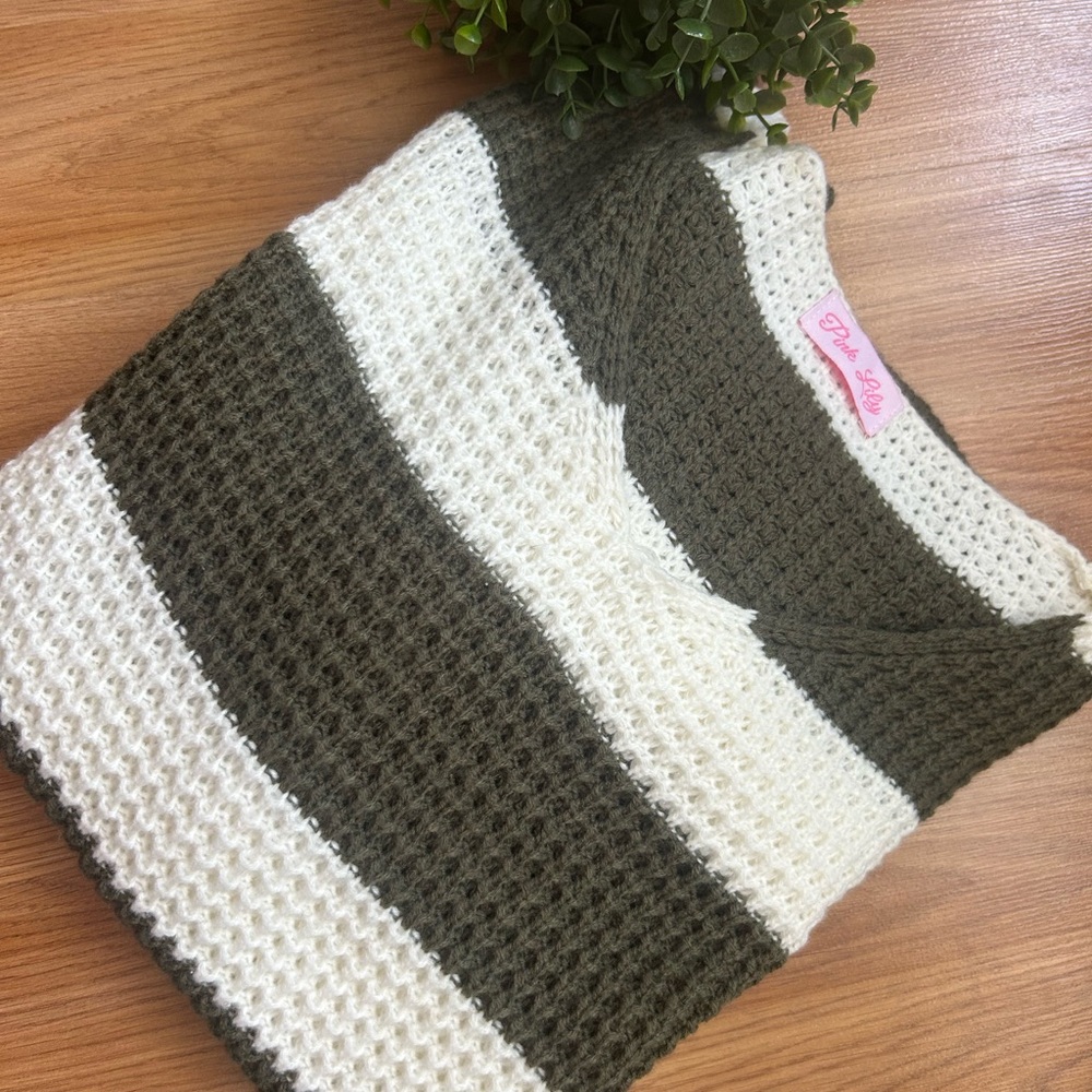 Pink Lily Green and Cream V-Neck Sweater